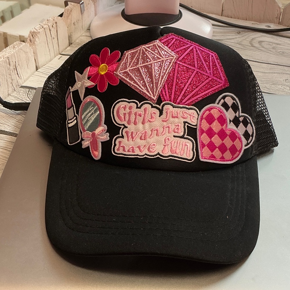 Black Trucker Hat with Pink Embellishments